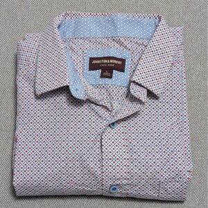 Johnston & Murphy Men's Dress Shirt L Red Blue White Geometric Pattern Cotton